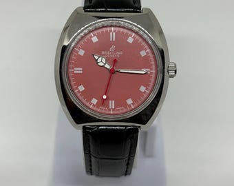 Vintage Breitling Genève Watch – 1970s Swiss Manual Wind, Pink Dial, Black Leather Strap