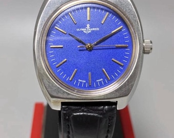 Orologio da polso Ulysee Nardin a carica manuale vintage degli anni '80: blu, svizzero, da collezione, restaurato con pelle fatta a mano