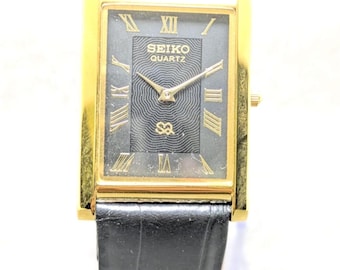 Vintage Seiko Quartz Tank Slim Unisex Rectangle Refurbished Japanese Wrist watch Black Dial