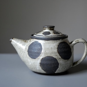 May include: A ceramic teapot with a lid, featuring a speckled white glaze and large, dark grey polka dots. The teapot has a curved handle and a spout for pouring. The design is simple and rustic.
