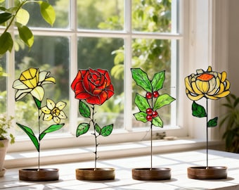 Ręcznie robiony witrażowy kwiat narodzinowy – kwiaty na 12. miesiąc życia | Prezent urodzinowy dla niej | Dekoracja okienna z kwiatami | Pamiątka o znaczeniu