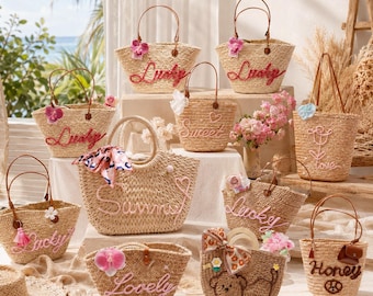 Personalized Straw Handbag, Custom Initial Rattan Tote, Floral Orchid Rose Woven Purse, Summer Beach Vacation Gift for Her