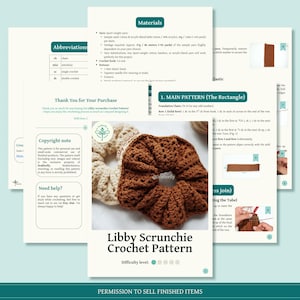 以下が含まれることがあります： Libby Scrunchie Crochet Patternと題されたデジタル文書で、手順、略語、材料リストが記載されています。中央の画像には、クリーム色と茶色のクロッシェ編みのヘアゴムが2つ写っています。レイアウトには、材料、メインパターンの手順、著作権に関する注記のセクションが含まれています。