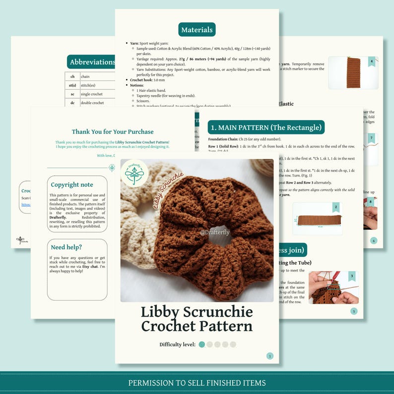 以下が含まれることがあります： Libby Scrunchie Crochet Patternと題されたデジタル文書で、手順、略語、材料リストが記載されています。中央の画像には、クリーム色と茶色のクロッシェ編みのヘアゴムが2つ写っています。レイアウトには、材料、メインパターンの手順、著作権に関する注記のセクションが含まれています。