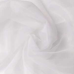 May include: White sheer fabric with a soft, delicate texture. The fabric is draped and folded, creating a smooth, flowing look.