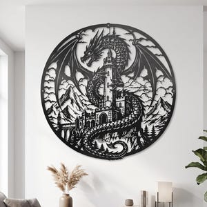 Dragon Castle Wall Art SVG DXF, Fantasy Metal Decor Laser Cut File, CNC Plasma Cut, Mythical Creature Digital Download
