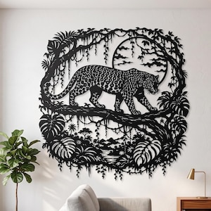 May include: Black metal wall art depicting a leopard walking on a tree branch, surrounded by jungle foliage. The artwork features a detailed silhouette of the animal and its environment, creating a striking decorative piece for any room.