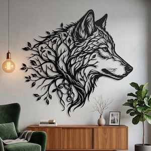 May include: A black metal wall sculpture of a wolf's head in profile. The wolf's fur is creatively rendered with tree branch and leaf patterns. The artwork is mounted on a white wall, providing a strong visual contrast.