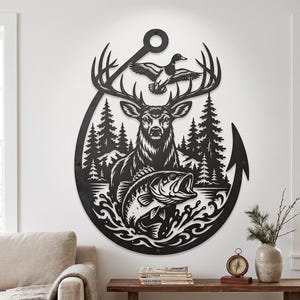 May include: Black metal wall art featuring a deer with large antlers, a duck, and a fish, all within a stylized hook shape. The design includes trees and water elements, creating a nature-themed scene. The artwork is mounted on a white wall.