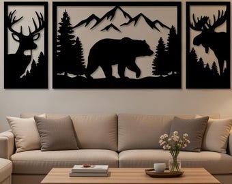 Tríptico de vida silvestre para pared de metal SVG / Archivo de corte láser de oso, ciervo y alce (descarga digital)