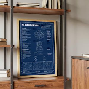 May include: A framed V6 engine cutaway technical drawing print featuring white line diagrams and text on a dark blue background. The print displays detailed engine components, engineering concepts, and cross-section views of the internal mechanics.