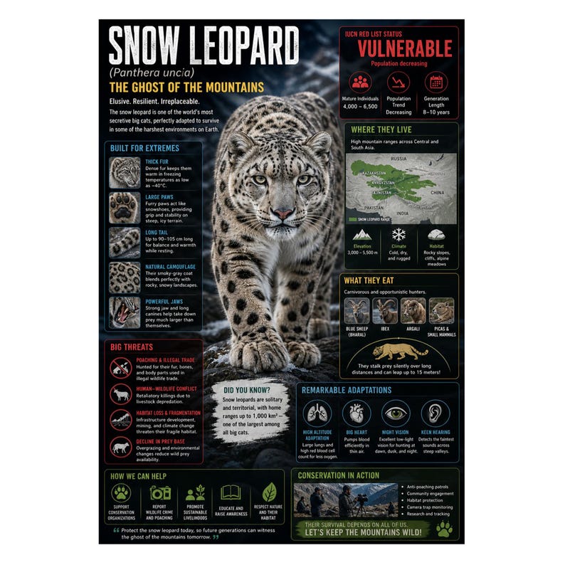 Snow Leopard Poster, Wildlife Infographic Wall Art, Educational Animal ...