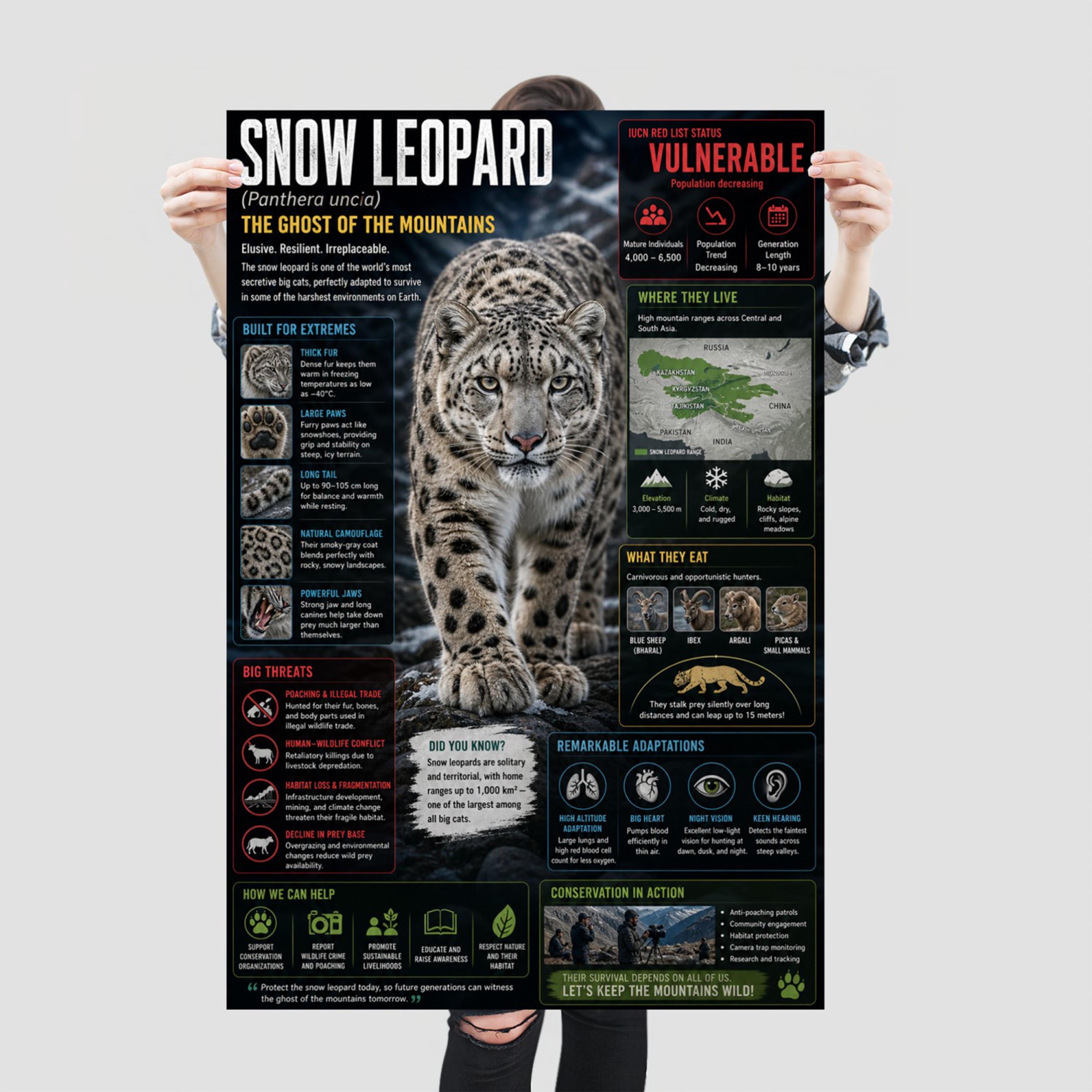 Snow Leopard Digital Poster, Wildlife Infographic Wall Art, Educational ...