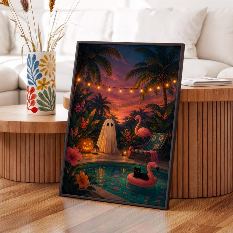 Quadro decorativo de Halloween tropical para parede, pôster de festa na piscina com fantasmas, decoração de gato flamingo. imagem 2