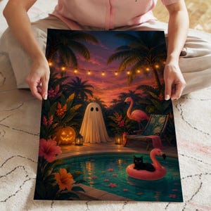 Quadro decorativo de Halloween tropical para parede, pôster de festa na piscina com fantasmas, decoração de gato flamingo. imagem 4
