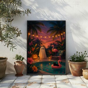 Quadro decorativo de Halloween tropical para parede, pôster de festa na piscina com fantasmas, decoração de gato flamingo. imagem 10