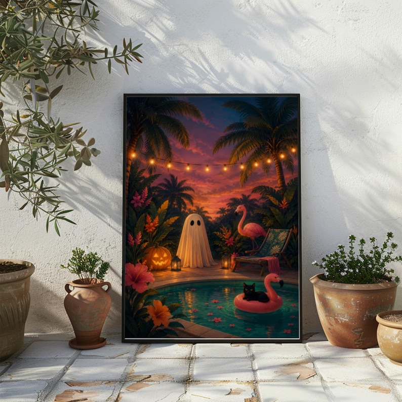 Quadro decorativo de Halloween tropical para parede, pôster de festa na piscina com fantasmas, decoração de gato flamingo. imagem 10