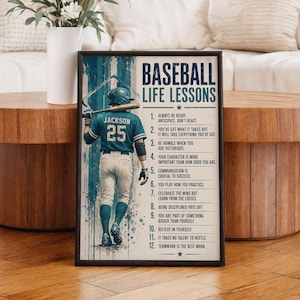 May include: A framed poster titled BASEBALL LIFE LESSONS featuring a baseball player in a teal jersey with the name JACKSON and number 25 on the back, holding a bat. The text lists twelve numbered life lessons in dark blue font on a light background.