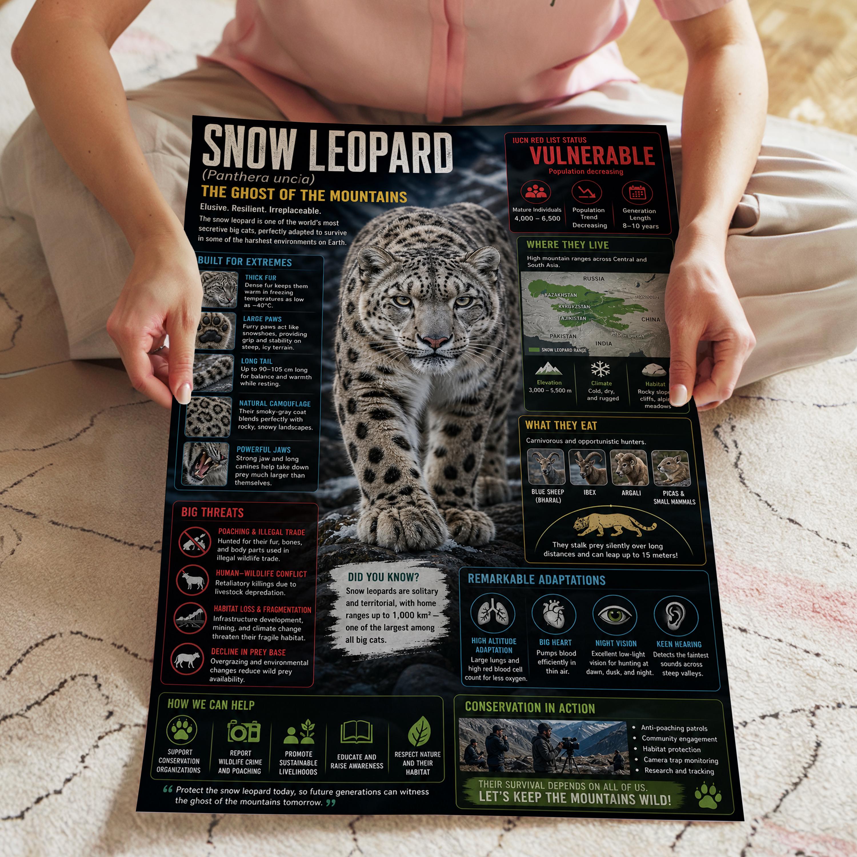Snow Leopard Digital Poster, Wildlife Infographic Wall Art, Educational ...