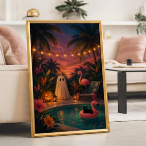 Quadro decorativo de Halloween tropical para parede, pôster de festa na piscina com fantasmas, decoração de gato flamingo. imagem 3