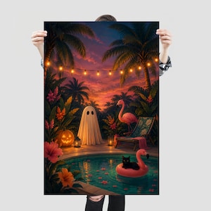 Quadro decorativo de Halloween tropical para parede, pôster de festa na piscina com fantasmas, decoração de gato flamingo. imagem 9