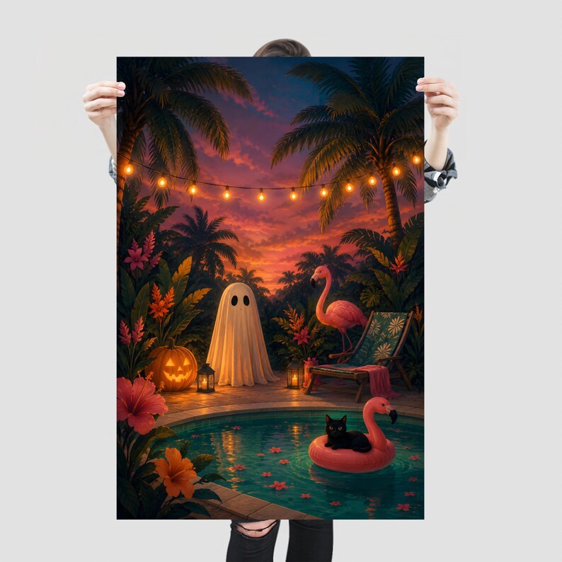 Quadro decorativo de Halloween tropical para parede, pôster de festa na piscina com fantasmas, decoração de gato flamingo. imagem 9