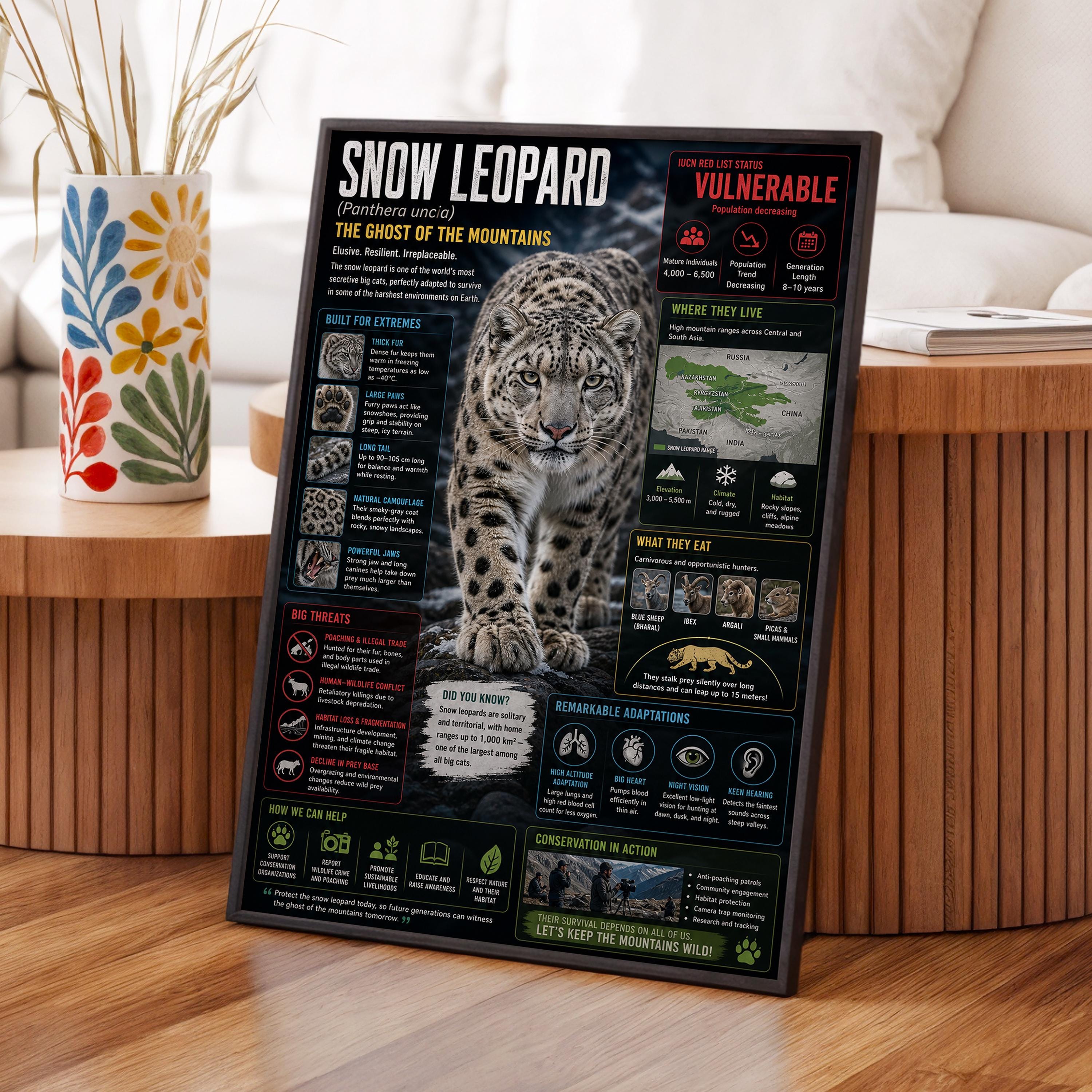 Snow Leopard Digital Poster, Wildlife Infographic Wall Art, Educational ...