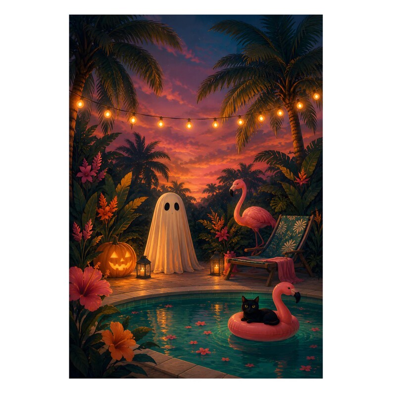 Quadro decorativo de Halloween tropical para parede, pôster de festa na piscina com fantasmas, decoração de gato flamingo. imagem 8