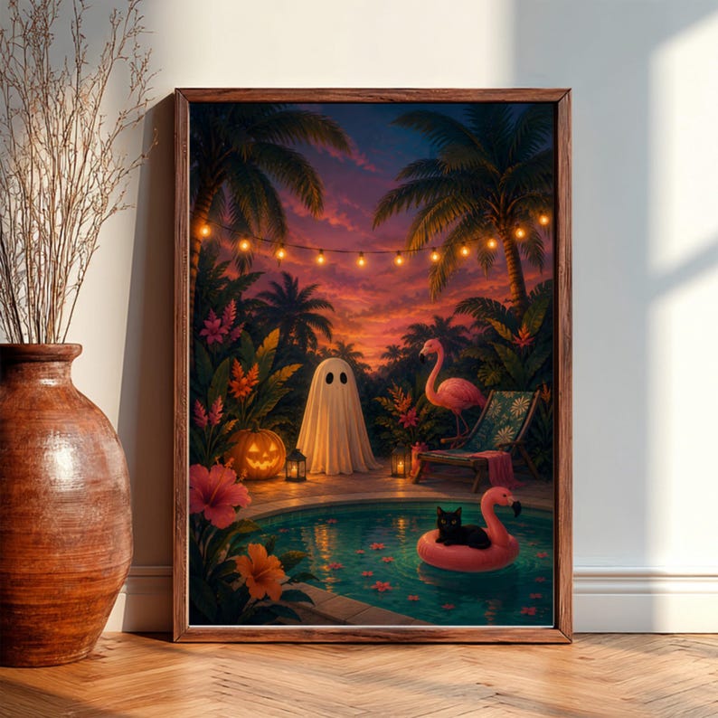 Quadro decorativo de Halloween tropical para parede, pôster de festa na piscina com fantasmas, decoração de gato flamingo. imagem 7