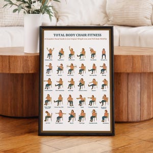 Peut inclure: Une affiche encadrée intitulée TOTAL BODY CHAIR FITNESS, A Complete Visual Guide to Low-Impact Weight Loss and Full-Body Mobility. L'impression présente une grille d'illustrations montrant une personne effectuant divers exercices assis sur une chaise.