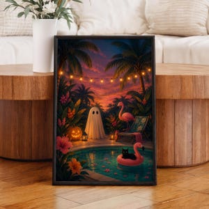 Quadro decorativo de Halloween tropical para parede, pôster de festa na piscina com fantasmas, decoração de gato flamingo. imagem 1