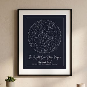 Peut inclure: Une affiche encadrée sur fond bleu marine profond avec une carte du ciel circulaire blanche. Le texte indique The Night Our Story Began, Sarah & Jack, et July 23, 2025, London, United Kingdom, écrit en blanc sous la carte des étoiles.