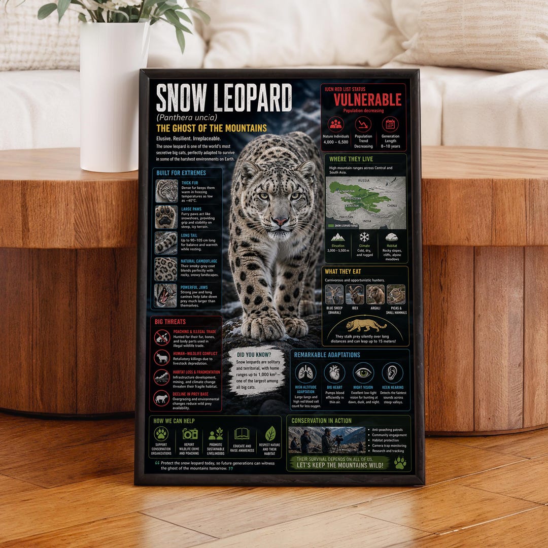 Snow Leopard Poster, Wildlife Infographic Wall Art, Educational Animal ...