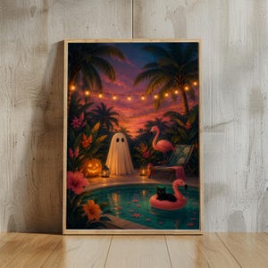 Quadro decorativo de Halloween tropical para parede, pôster de festa na piscina com fantasmas, decoração de gato flamingo. imagem 6