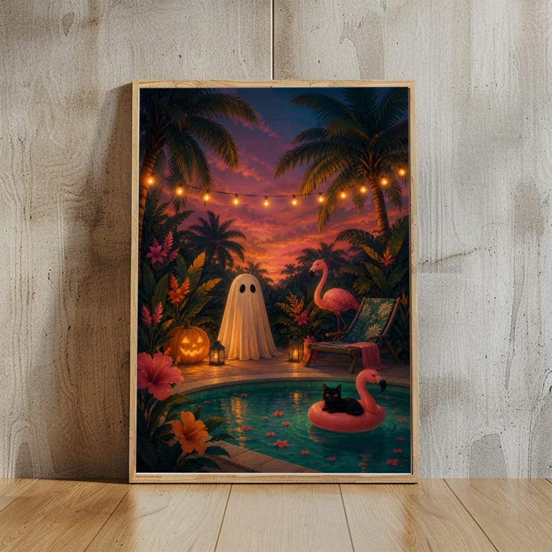 Quadro decorativo de Halloween tropical para parede, pôster de festa na piscina com fantasmas, decoração de gato flamingo. imagem 6