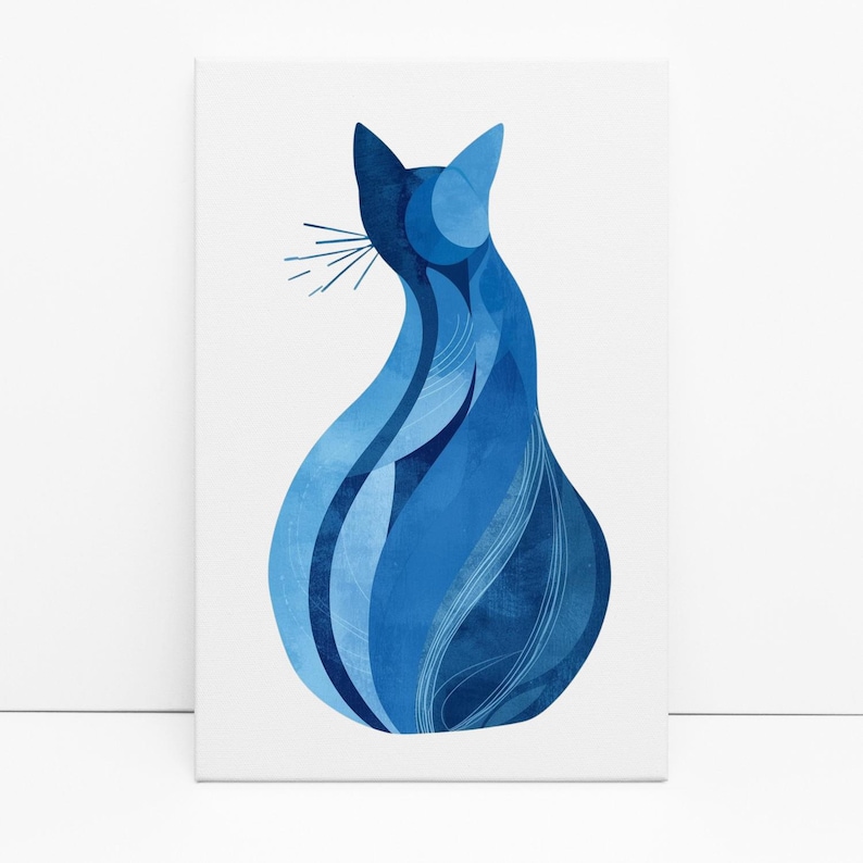 Abstrakte blaue Katze Leinwanddruck, moderne skandinavische Wandkunst Bild 1