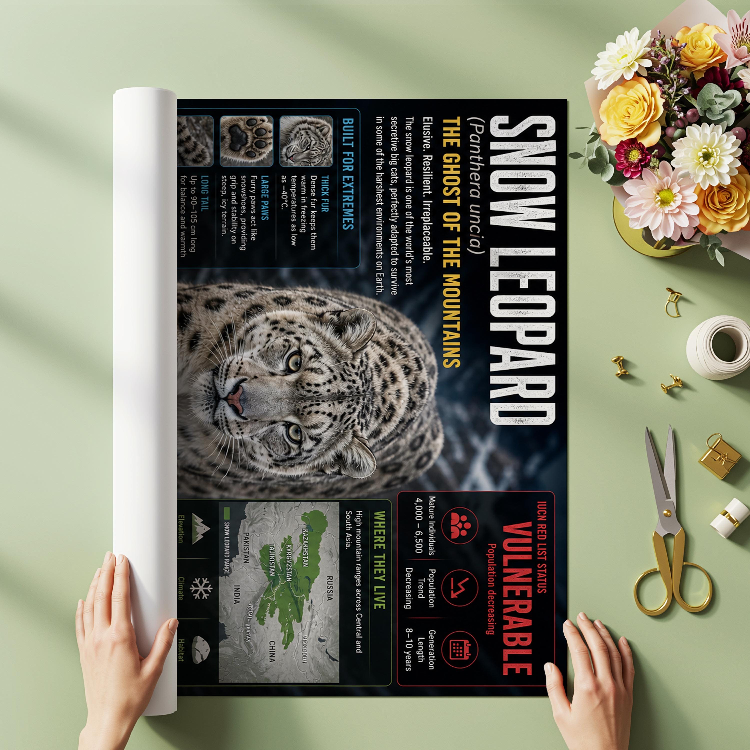 Snow Leopard Digital Poster, Wildlife Infographic Wall Art, Educational ...