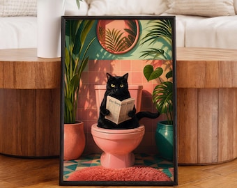 May include: A framed wall art print depicting a black cat sitting on a pink toilet while reading a newspaper. The scene includes a pink tiled wall, a round mirror, a red shaggy rug, and two potted green plants in pink and teal ceramic pots.