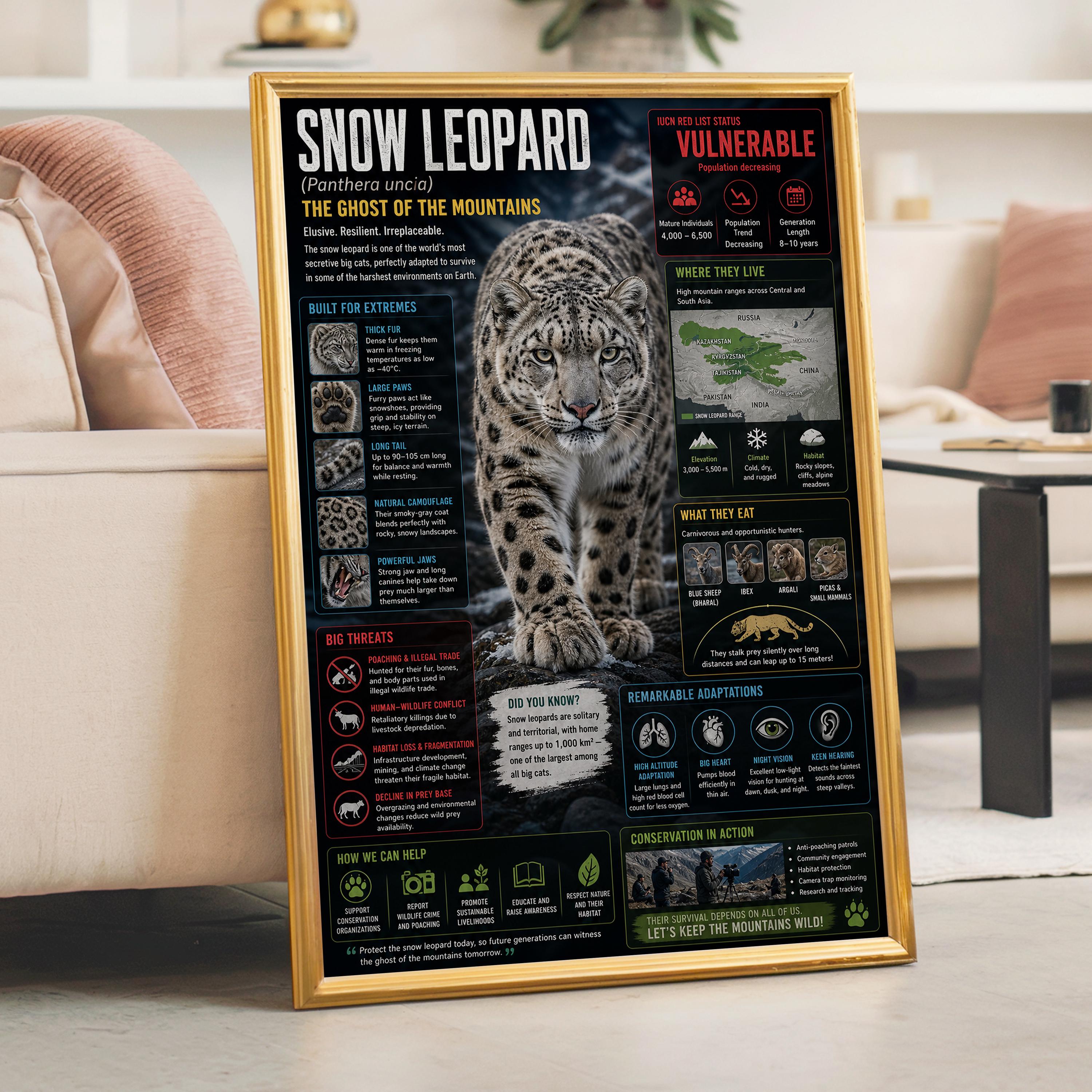 Snow Leopard Digital Poster, Wildlife Infographic Wall Art, Educational ...