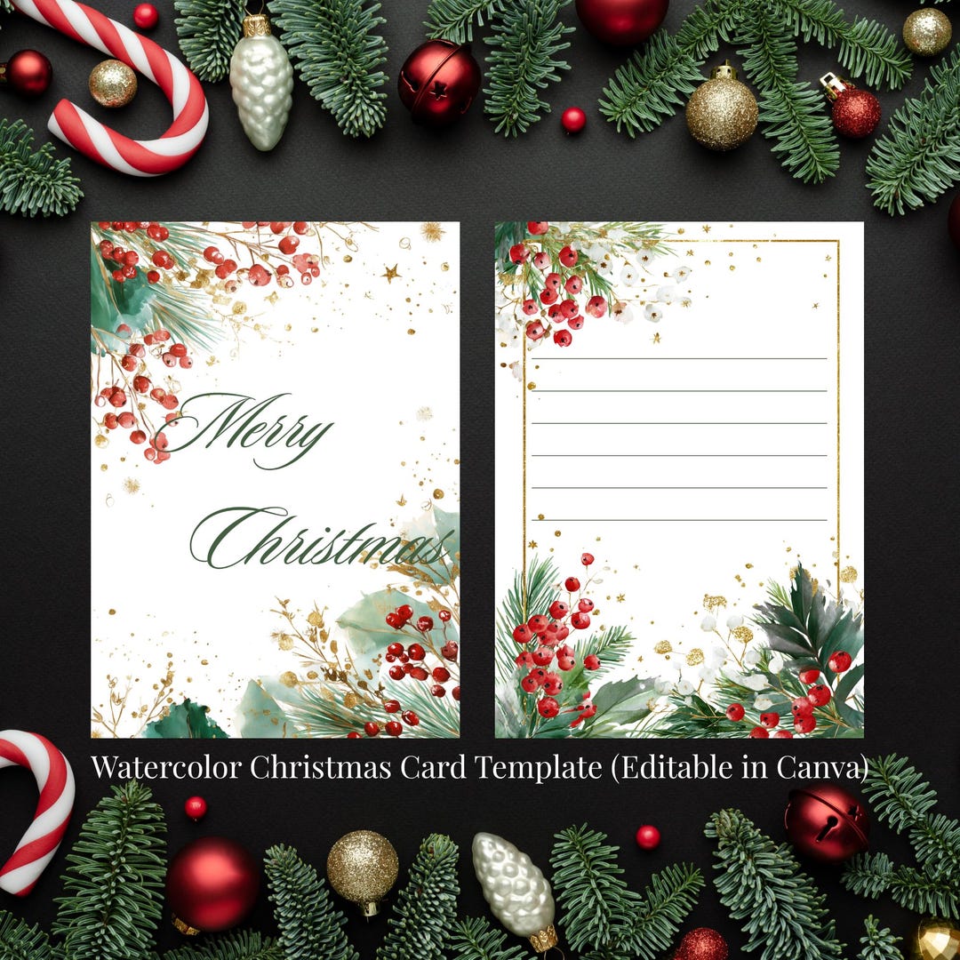 Editable Watercolor Christmas Card Template Printable 5x7 Holiday