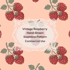 May include: A seamless pattern featuring hand-drawn red raspberries with green leaves on a light peach background. Centered is a white ornate frame containing the text: Vintage Raspberry Hand-Drawn Seamless Pattern Commercial Use.