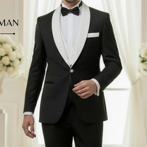 Men Suits Black and White 3-Piece Suit: White Shawl Lapel Tuxedo with Black Bow Tie Formal Occasion-Luxe Formal Man