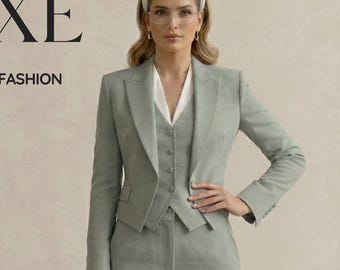 Traje de 3 piezas verde salvia para mujer / Traje de pantalón a medida / Ropa formal de negocios / Conjunto de chaleco, blazer y pantalón para mujer /