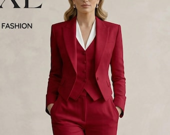 Traje de tres piezas rojo para mujer / Traje de pantalón carmesí a medida / Ropa formal de negocios / Conjunto de chaleco, blazer y pantalón para mujer /