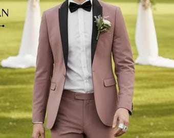 Men's Dusty Pink Tuxedo | Black Lapel Mauve Wedding Suit | Blush Pink Groom Attire