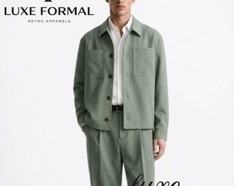 Men's Sage Green Two Piece Set | Minimalist Chore Jacket and Pleated Trouser Cord Set | Smart Casual Monochromatic Outfit |