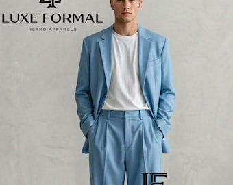 Men’s Light Blue Relaxed Fit Suit | Casual 2-Piece Summer Wedding Suit with Wide Leg Trousers Baggy Fit
