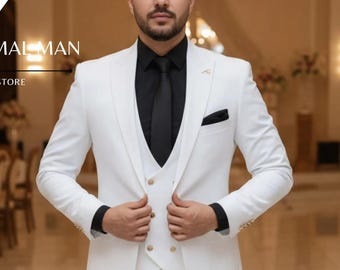 Men's White 3 Piece Suit - Slim Fit Elegant Wedding Groom Suit