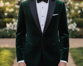 Green Velvet Tuxedo Suit – Slim Fit Wedding Suit with Bow Tie