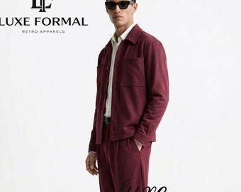 Men's Burgundy Two Piece Set | Minimalist Chore Jacket and Pleated Trouser Cord Set | Smart Casual Monochromatic Outfit |